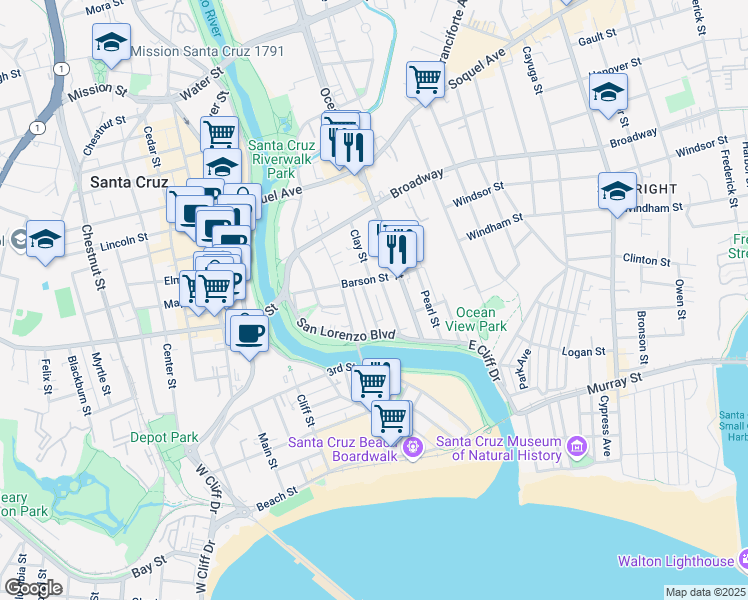 map of restaurants, bars, coffee shops, grocery stores, and more near 130 Canfield Avenue in Santa Cruz