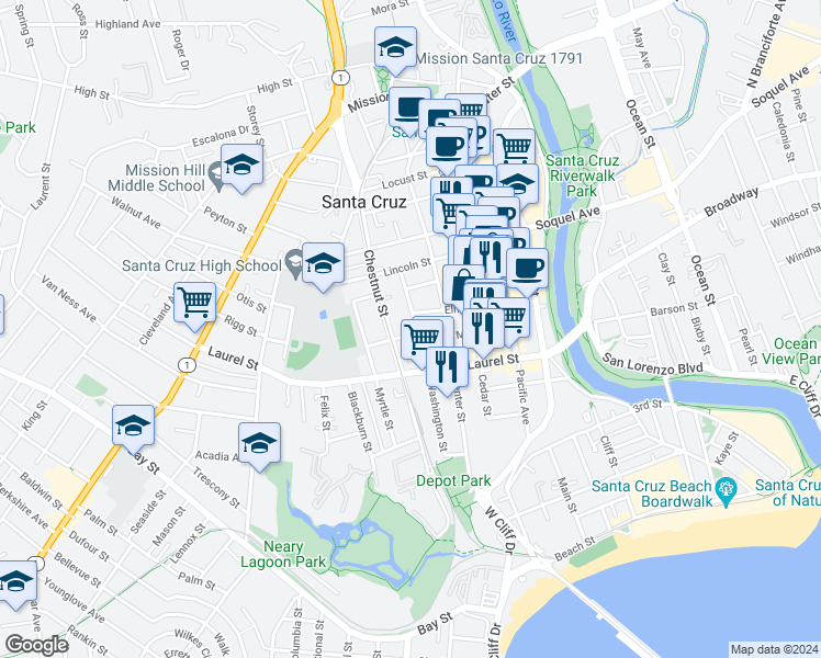 map of restaurants, bars, coffee shops, grocery stores, and more near 511 Washington Street in Santa Cruz