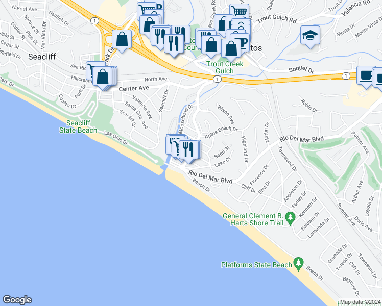 map of restaurants, bars, coffee shops, grocery stores, and more near 134 Stephen Road in Aptos