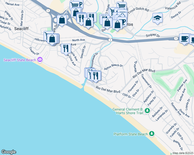 map of restaurants, bars, coffee shops, grocery stores, and more near Stephen Road in Aptos