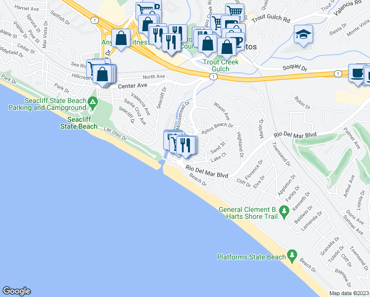 map of restaurants, bars, coffee shops, grocery stores, and more near 122 Stephen Road in Aptos