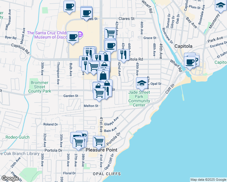 map of restaurants, bars, coffee shops, grocery stores, and more near 4160 Jade Street in Capitola