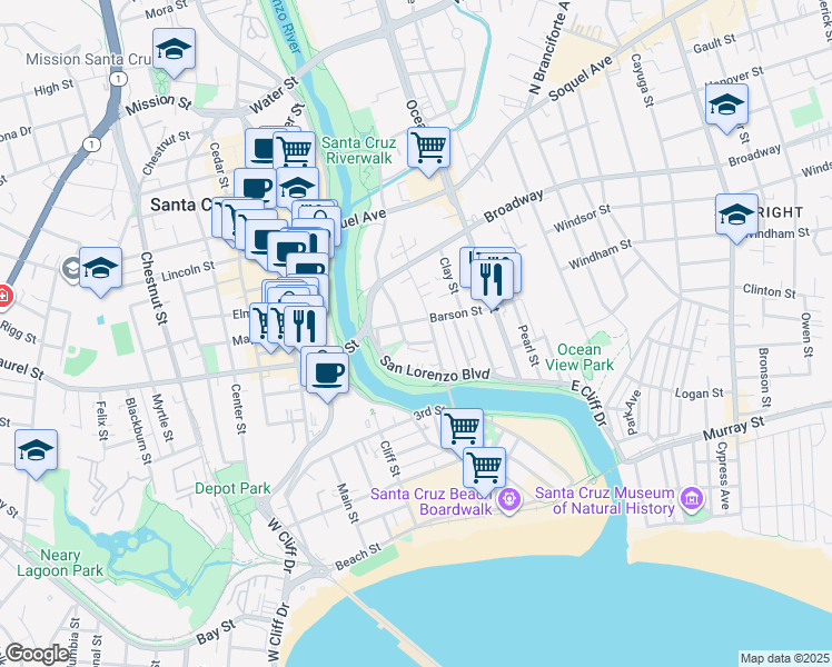 map of restaurants, bars, coffee shops, grocery stores, and more near 6 Barson Street in Santa Cruz