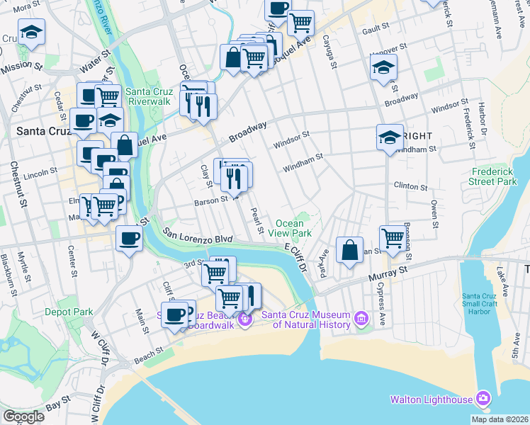 map of restaurants, bars, coffee shops, grocery stores, and more near 220 Pearl Street in Santa Cruz