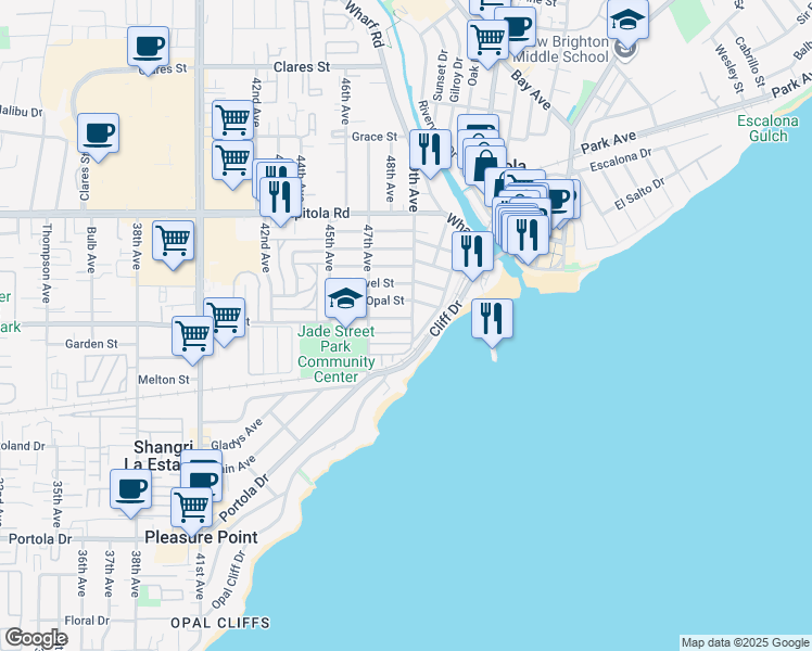 map of restaurants, bars, coffee shops, grocery stores, and more near 4805 Topaz Street in Capitola