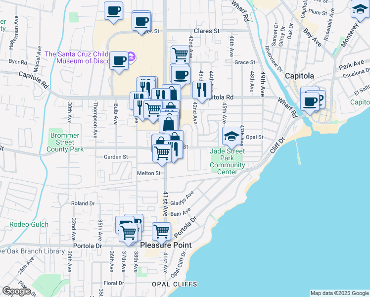 map of restaurants, bars, coffee shops, grocery stores, and more near 1355 Ruby Court in Capitola