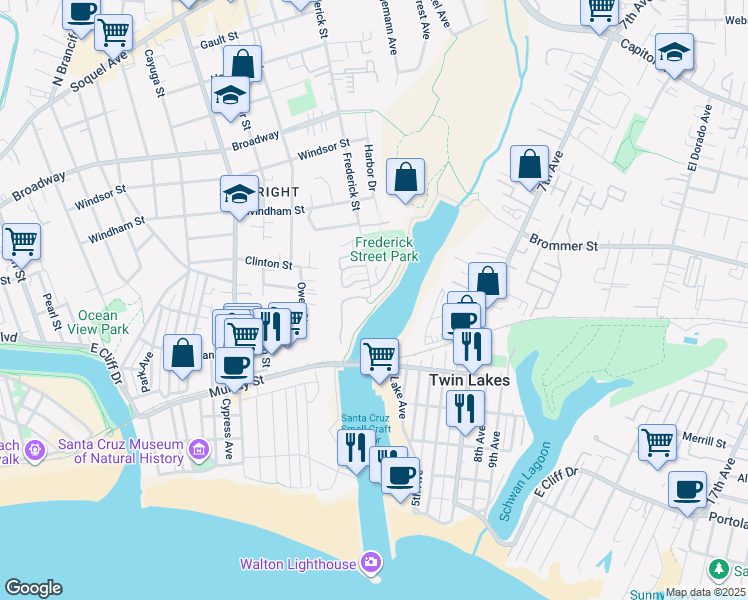 map of restaurants, bars, coffee shops, grocery stores, and more near 111 Frederick Street in Santa Cruz