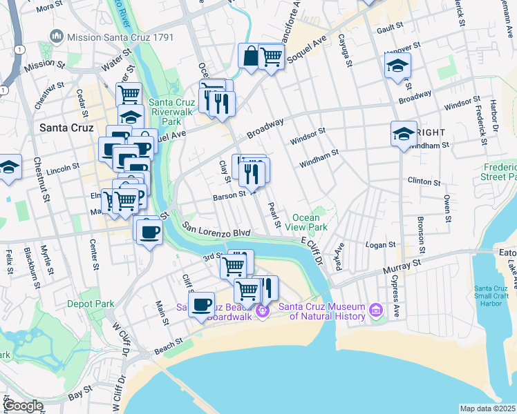 map of restaurants, bars, coffee shops, grocery stores, and more near 152 Bixby Street in Santa Cruz