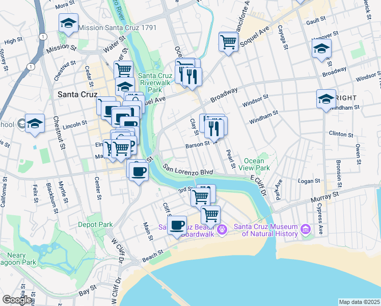 map of restaurants, bars, coffee shops, grocery stores, and more near 145 Canfield Avenue in Santa Cruz