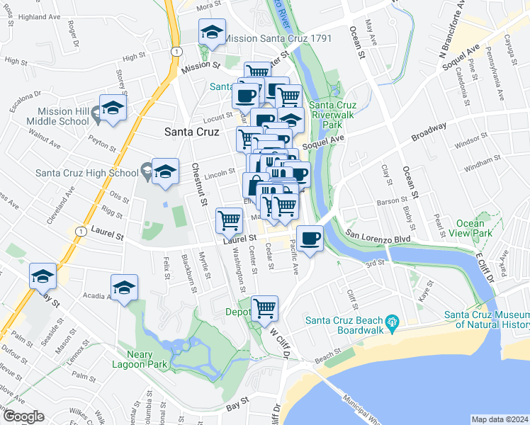map of restaurants, bars, coffee shops, grocery stores, and more near 418A Cedar Street in Santa Cruz