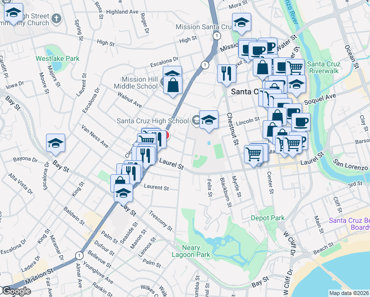 map of restaurants, bars, coffee shops, grocery stores, and more near 221 Weeks Avenue in Santa Cruz