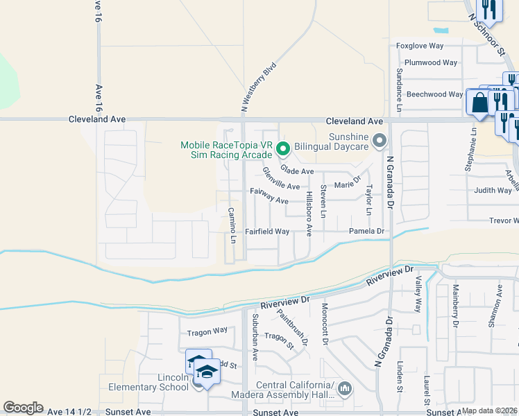 map of restaurants, bars, coffee shops, grocery stores, and more near 1489 Larrete Avenue in Madera