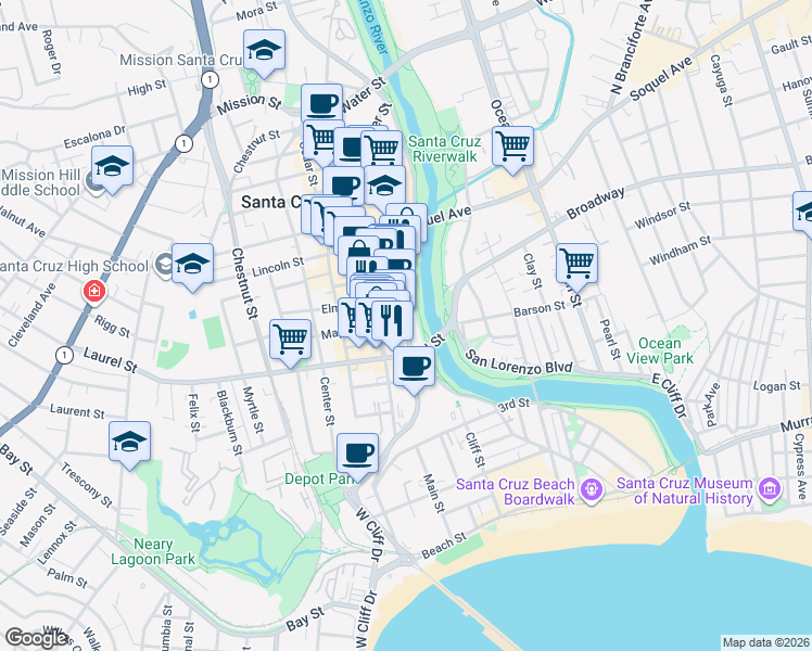 map of restaurants, bars, coffee shops, grocery stores, and more near Front Street in Santa Cruz