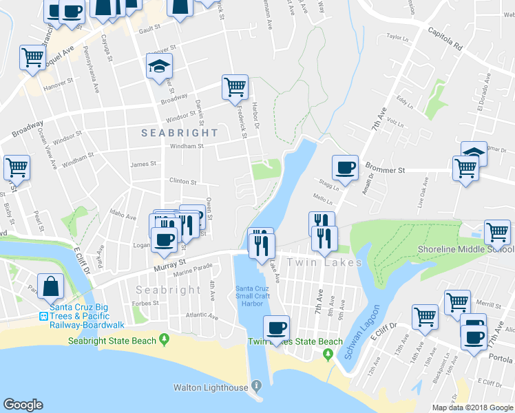 map of restaurants, bars, coffee shops, grocery stores, and more near 100 Frederick Street in Santa Cruz