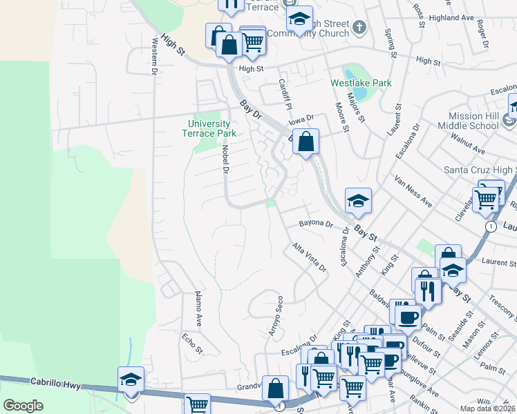 map of restaurants, bars, coffee shops, grocery stores, and more near 323 Nobel Drive in Santa Cruz