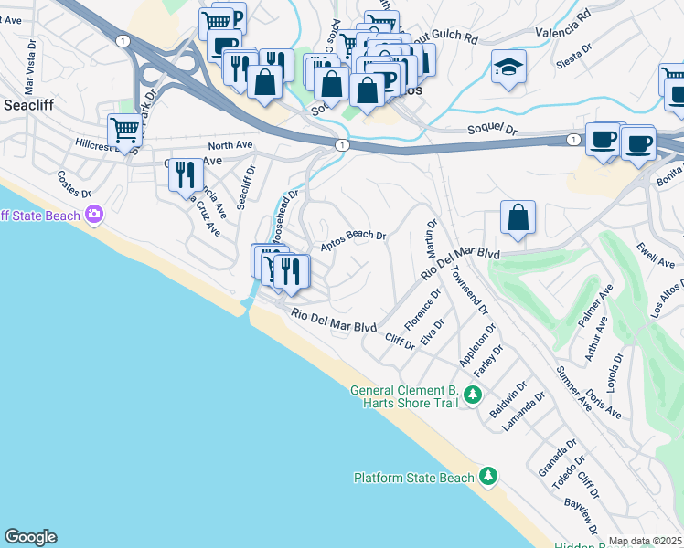 map of restaurants, bars, coffee shops, grocery stores, and more near 209 Sand Street in Aptos