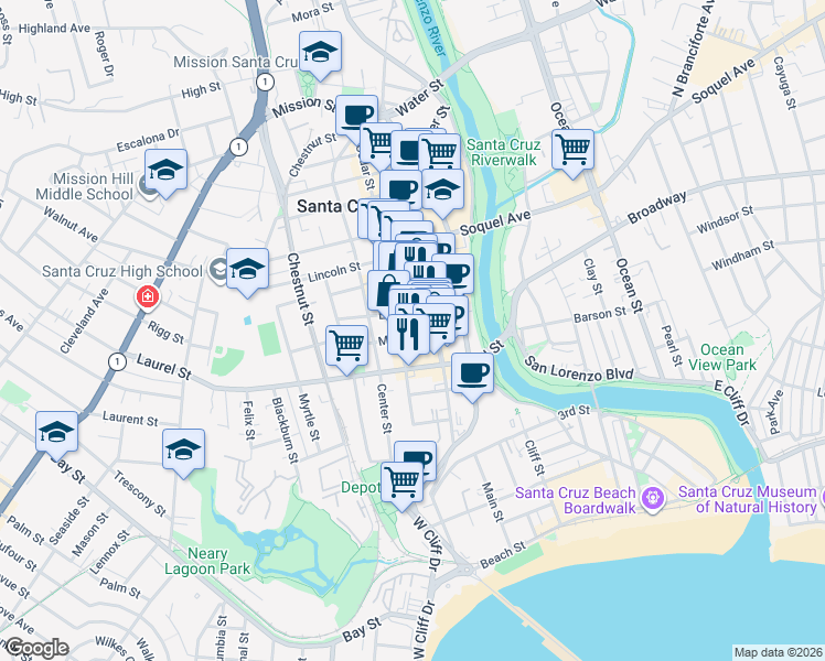 map of restaurants, bars, coffee shops, grocery stores, and more near 120 Maple Street in Santa Cruz