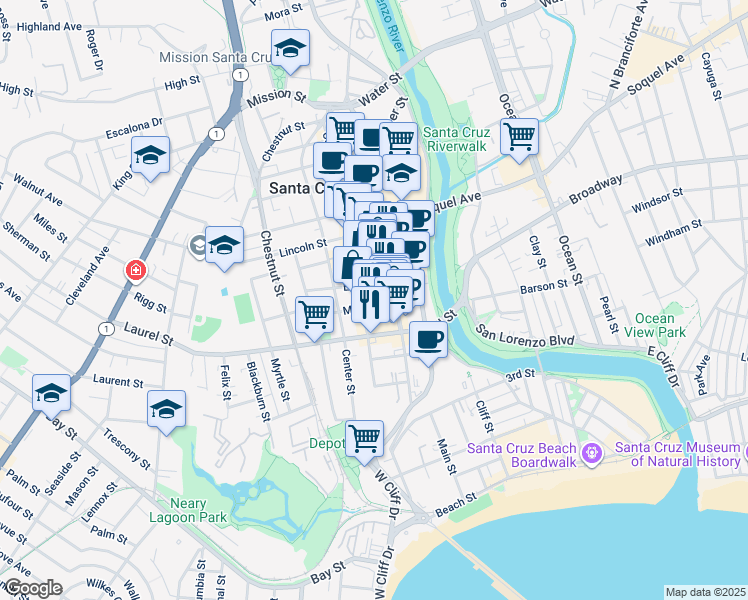 map of restaurants, bars, coffee shops, grocery stores, and more near 418A Cedar Street in Santa Cruz