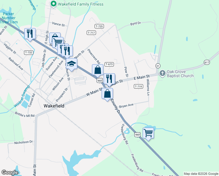 map of restaurants, bars, coffee shops, grocery stores, and more near 109 East Main Street in Wakefield
