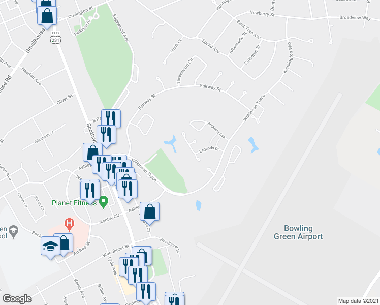 map of restaurants, bars, coffee shops, grocery stores, and more near 210 Legends Drive in Bowling Green