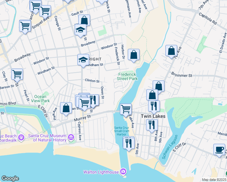 map of restaurants, bars, coffee shops, grocery stores, and more near 129A Southampton Lane in Santa Cruz