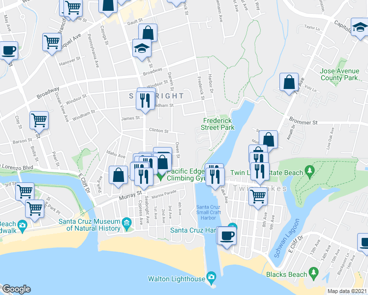 map of restaurants, bars, coffee shops, grocery stores, and more near 129A Southampton Lane in Santa Cruz