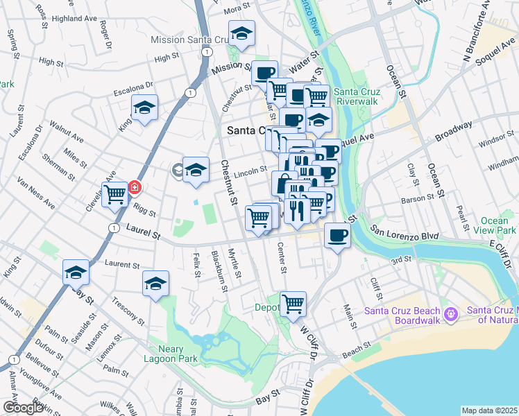 map of restaurants, bars, coffee shops, grocery stores, and more near 307 Elm Street in Santa Cruz