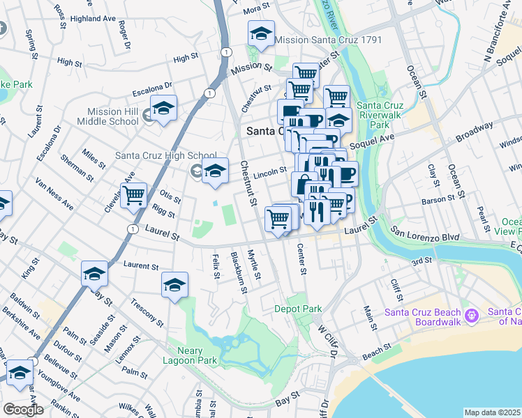 map of restaurants, bars, coffee shops, grocery stores, and more near 314 Chestnut Street in Santa Cruz