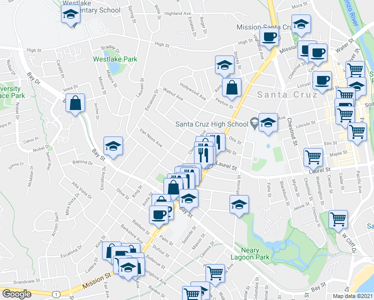 map of restaurants, bars, coffee shops, grocery stores, and more near 1323 Laurel Street in Santa Cruz