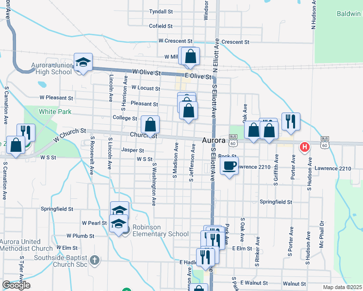 map of restaurants, bars, coffee shops, grocery stores, and more near 515 South Madison Avenue in Aurora