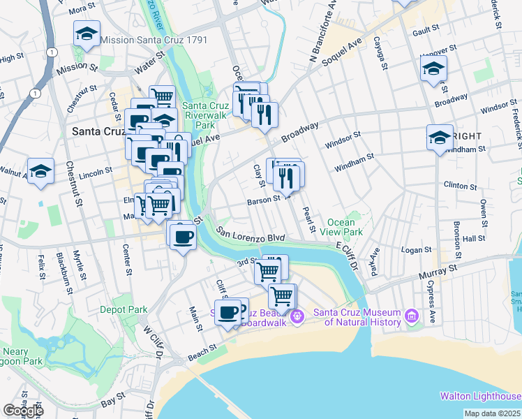 map of restaurants, bars, coffee shops, grocery stores, and more near 145 Canfield Avenue in Santa Cruz