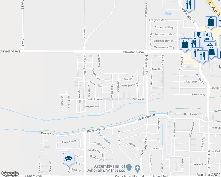 map of restaurants, bars, coffee shops, grocery stores, and more near 2996 Fairway Avenue in Madera