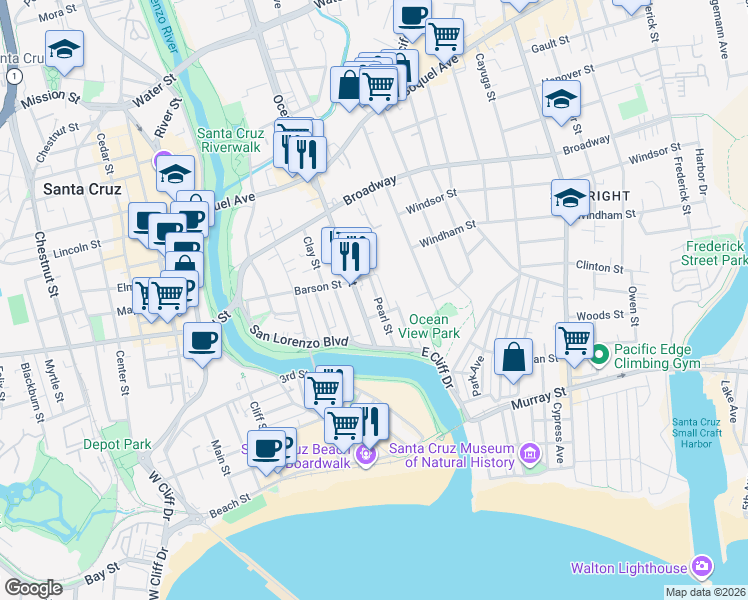 map of restaurants, bars, coffee shops, grocery stores, and more near 215 Pearl Street in Santa Cruz