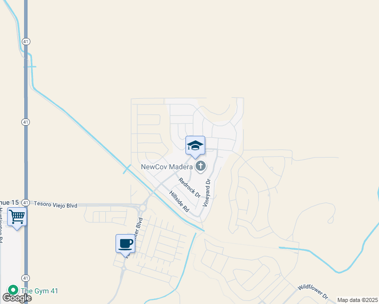 map of restaurants, bars, coffee shops, grocery stores, and more near 819 Treasure Hills Drive in Madera
