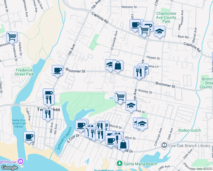 map of restaurants, bars, coffee shops, grocery stores, and more near 1000 El Dorado Avenue in Santa Cruz