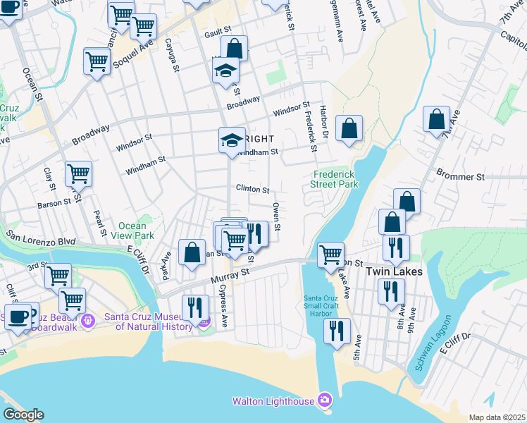 map of restaurants, bars, coffee shops, grocery stores, and more near 315 Owen Street in Santa Cruz