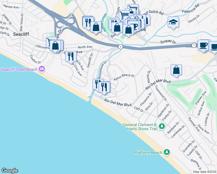 map of restaurants, bars, coffee shops, grocery stores, and more near 140 Bennett Road in Aptos