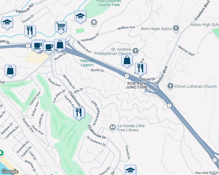 map of restaurants, bars, coffee shops, grocery stores, and more near 609 Encino Drive in Aptos