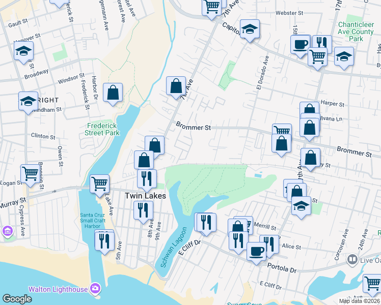 map of restaurants, bars, coffee shops, grocery stores, and more near 800 Brommer Street in Santa Cruz