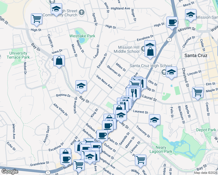map of restaurants, bars, coffee shops, grocery stores, and more near 413 Van Ness Avenue in Santa Cruz