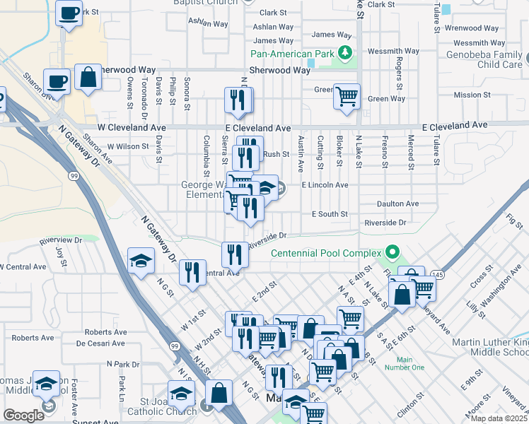 map of restaurants, bars, coffee shops, grocery stores, and more near 509 East South Street in Madera