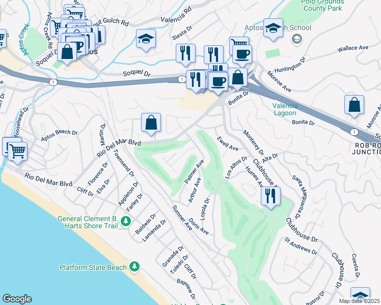 map of restaurants, bars, coffee shops, grocery stores, and more near 396 Belle Monti Avenue in Aptos