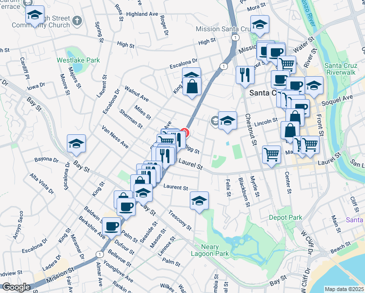 map of restaurants, bars, coffee shops, grocery stores, and more near 1103 Mission Street in Santa Cruz