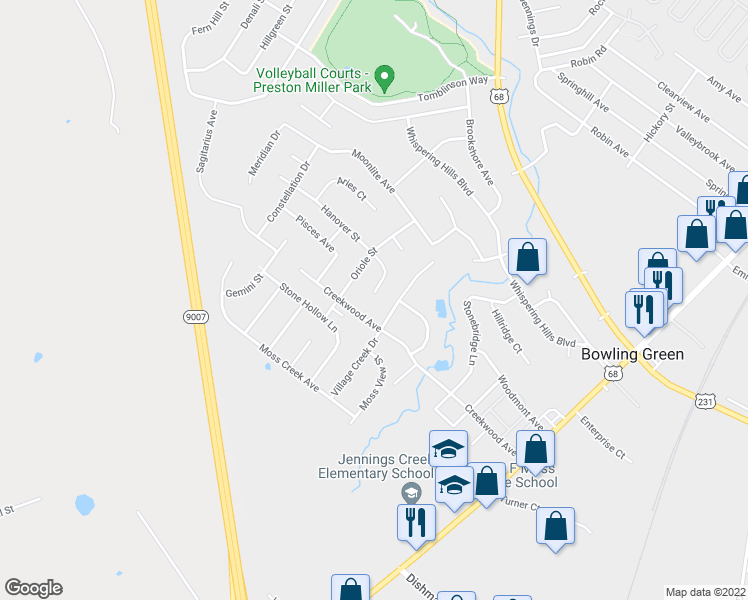 map of restaurants, bars, coffee shops, grocery stores, and more near 208 Hanover Court in Bowling Green