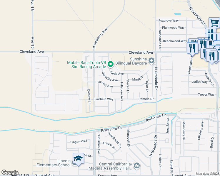 map of restaurants, bars, coffee shops, grocery stores, and more near 1468 Mandana Way in Madera