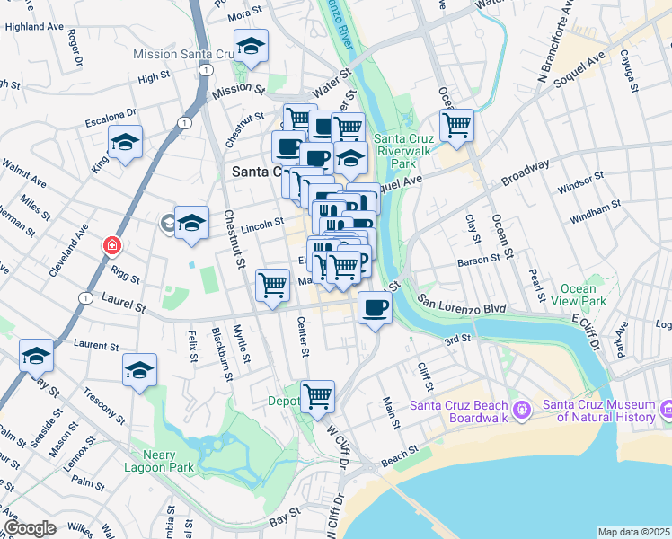 map of restaurants, bars, coffee shops, grocery stores, and more near 920 Pacific Avenue in Santa Cruz
