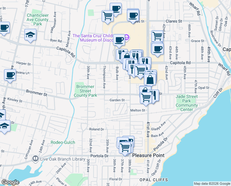map of restaurants, bars, coffee shops, grocery stores, and more near 1351 Bulb Avenue in Santa Cruz