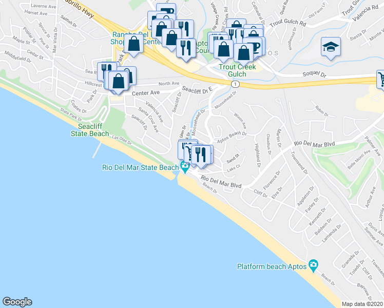 map of restaurants, bars, coffee shops, grocery stores, and more near 108 Stephen Road in Aptos