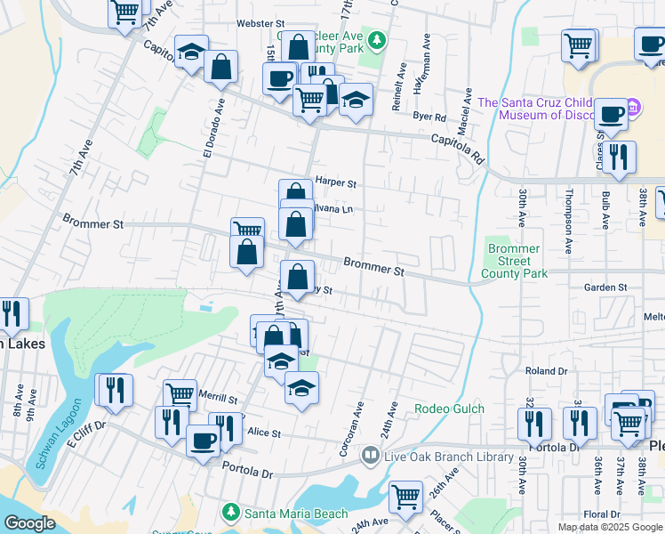 map of restaurants, bars, coffee shops, grocery stores, and more near 1900 Brommer Street in Santa Cruz