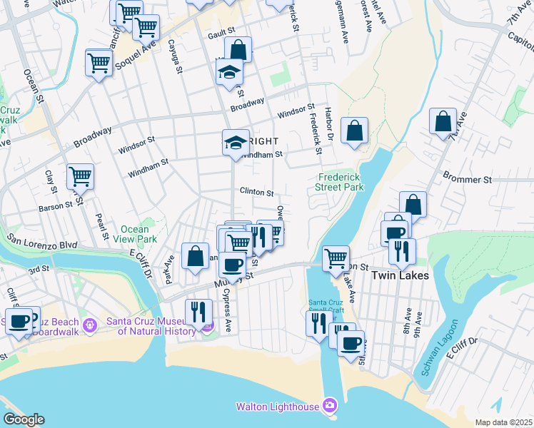 map of restaurants, bars, coffee shops, grocery stores, and more near 315 Owen Street in Santa Cruz